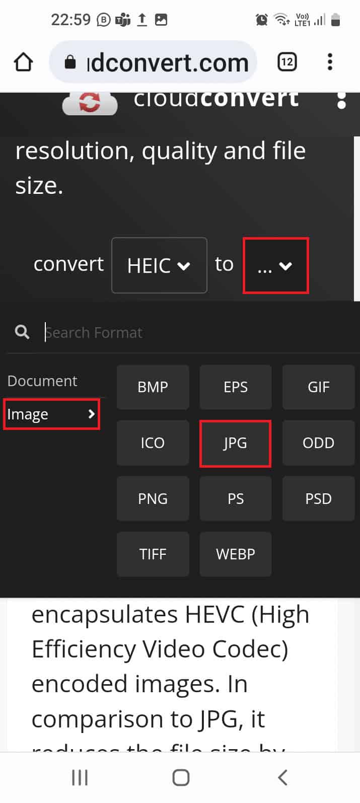 navigate to the Image tab and tap on the JPG option