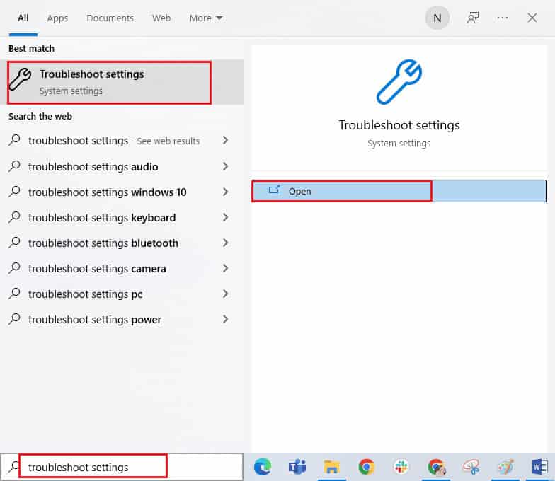 open Troubleshoot settings