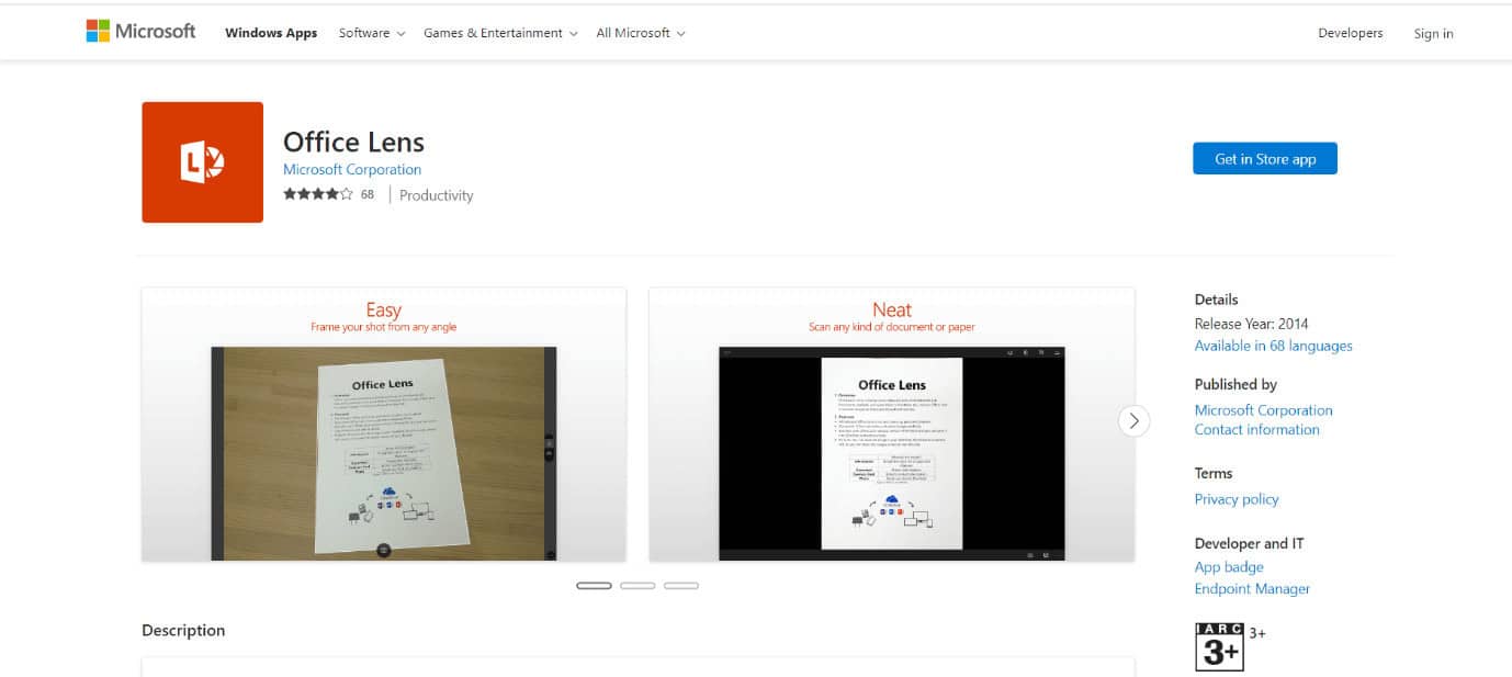 Office Lens webpage