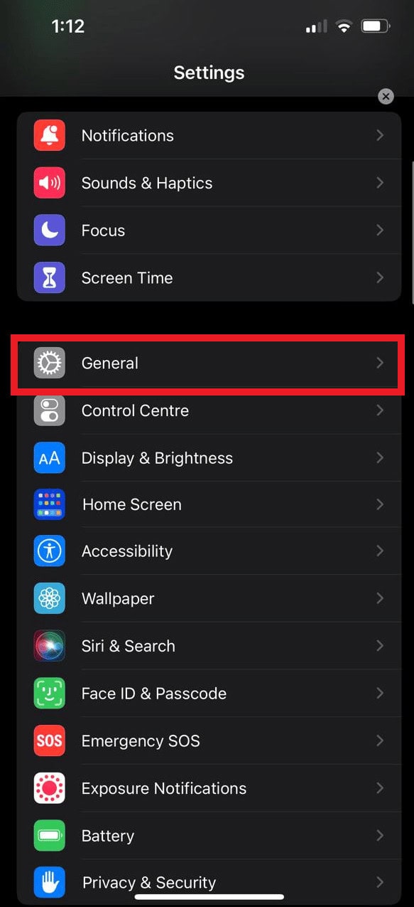 On the Settings Menu tap on the General option