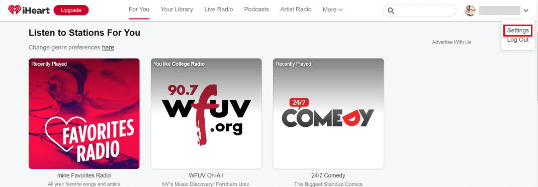 Once logged in, hover the arrow on the profile icon and click on Settings. | How to Delete iHeartRadio Account