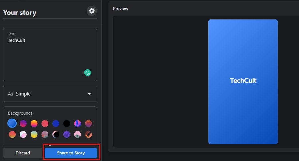 Once, the desired story is created click on the Share to Story option to upload the story to your Facebook account. | Facebook comment have a red exclamation point