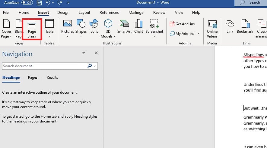 Page Break button under Pages section