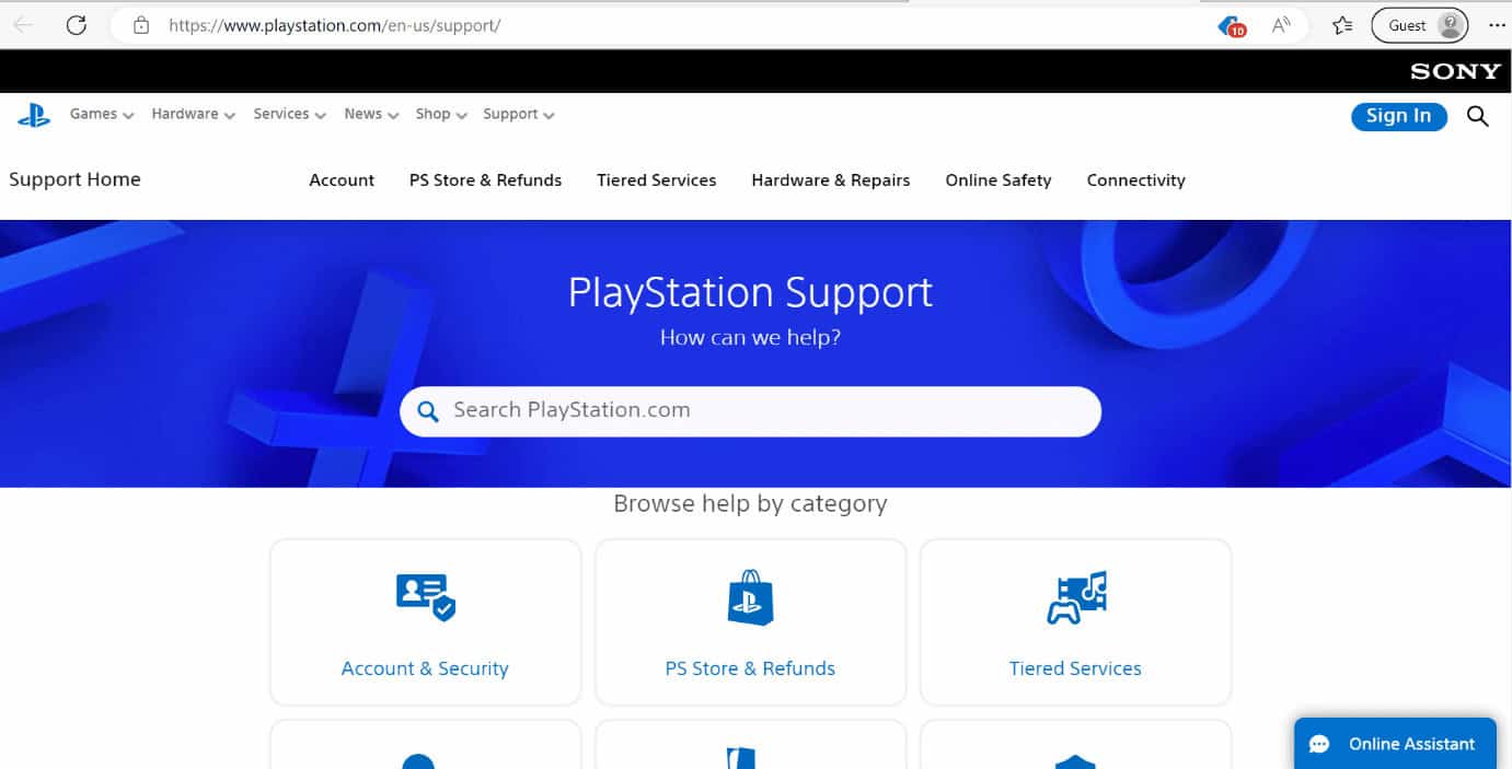 playstation support page
