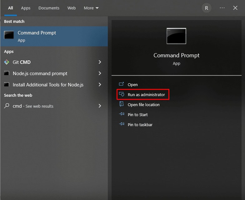 Press Windows key and type cmd and click on run as administrator