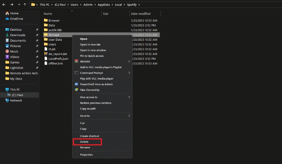 Right-click on the Storage folder and select Delete | How to Clear Spotify Cache in Windows 10