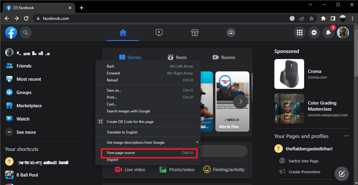 right click on your facebook timeline and select view page source