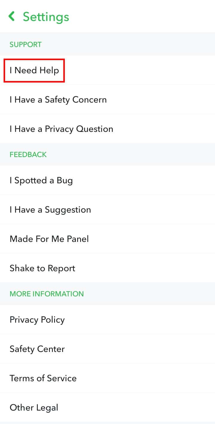 Scroll down to Support and tap on I Need Help. | cancel Snapchat data request