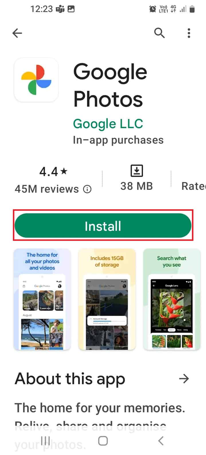 Search for the Google Photos app and tap on the Install button