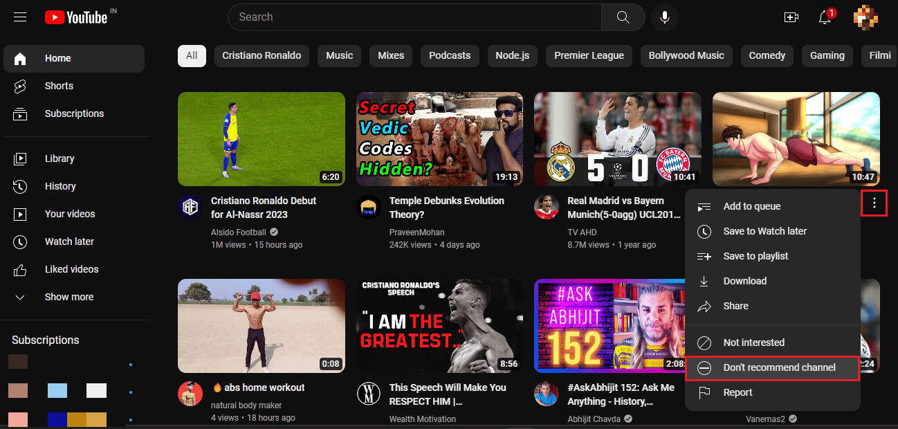 select don't recommend channel option on Youtube video
