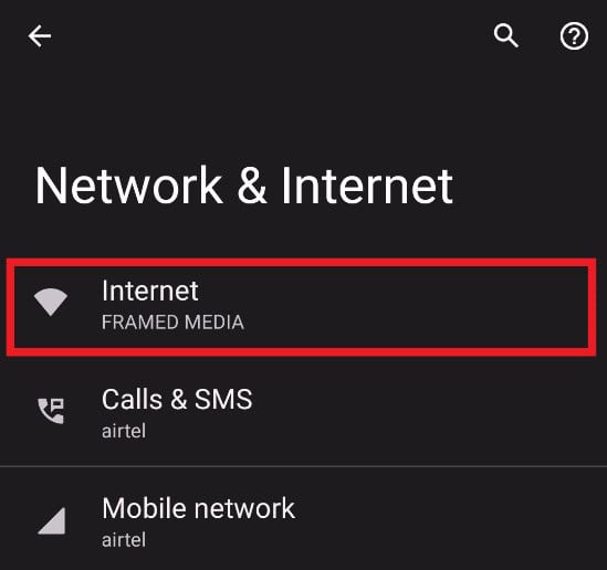 select Internet from the menu