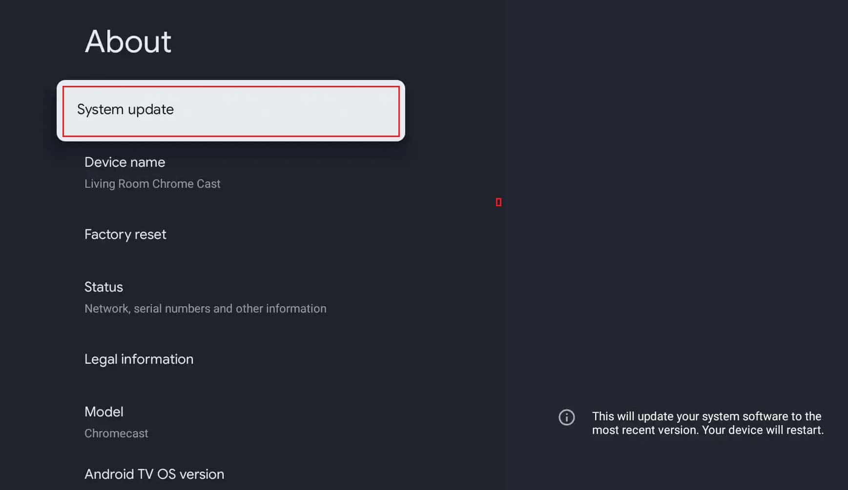 select the About - System update options