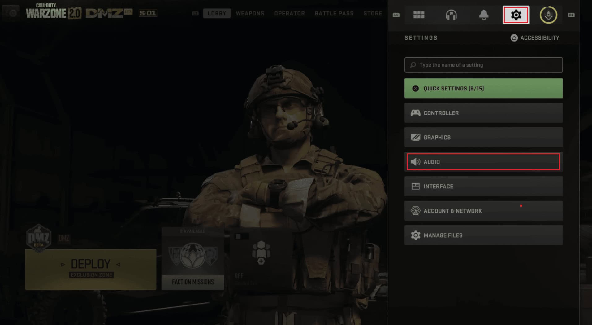 select the Settings gear tab - AUDIO option