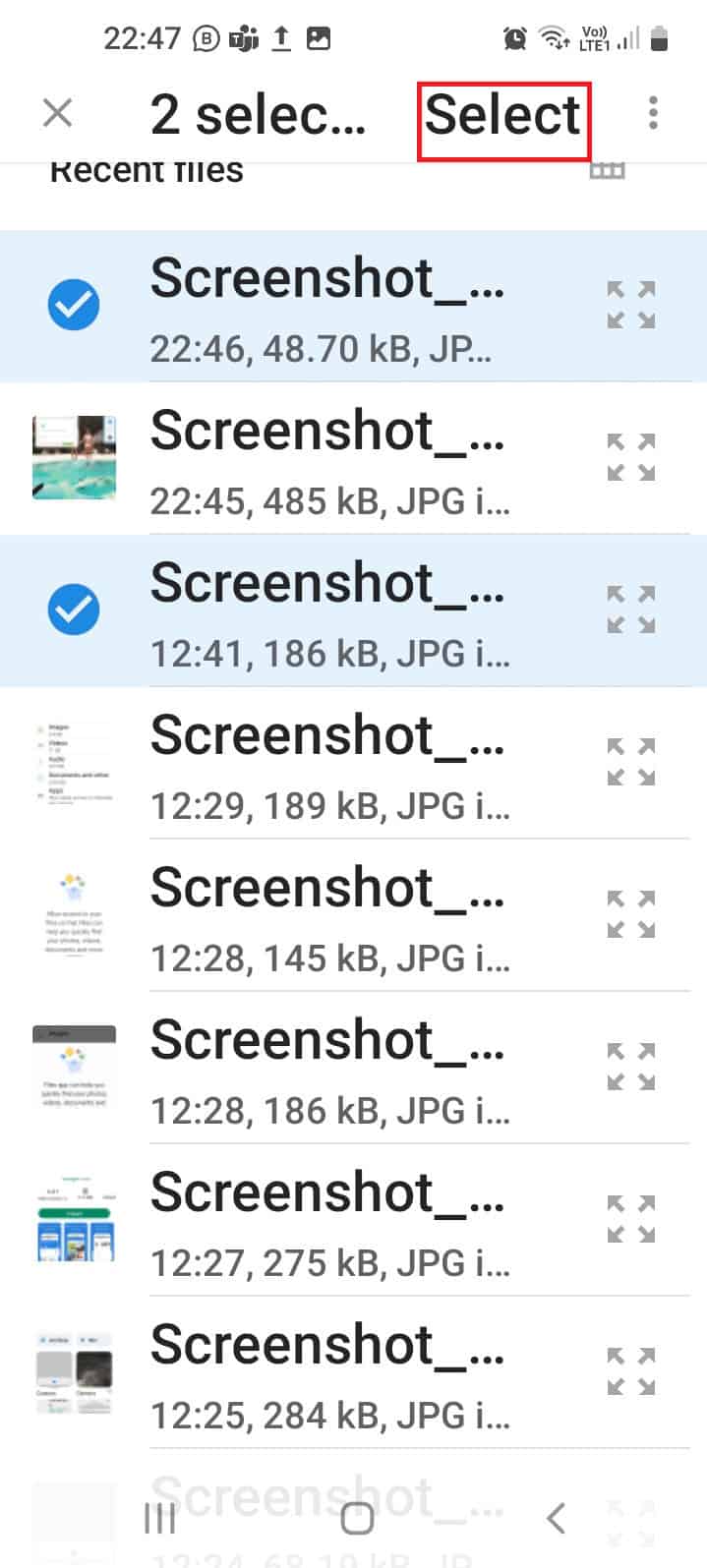 select the files from your device individually and tap on the Select option at the top