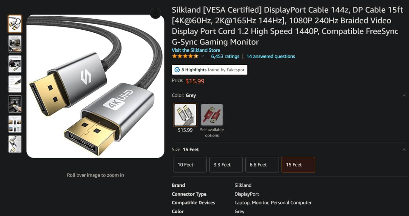 Silkland display port cable on Amazon