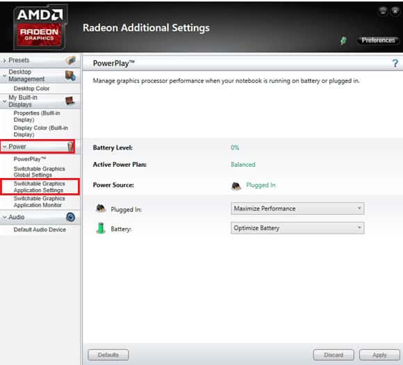 Switchable application graphics settings option under Power