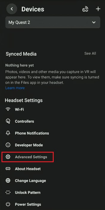 tap on Advanced Settings on Oculus app