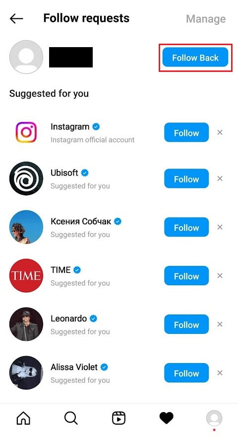 tap on Follow Back