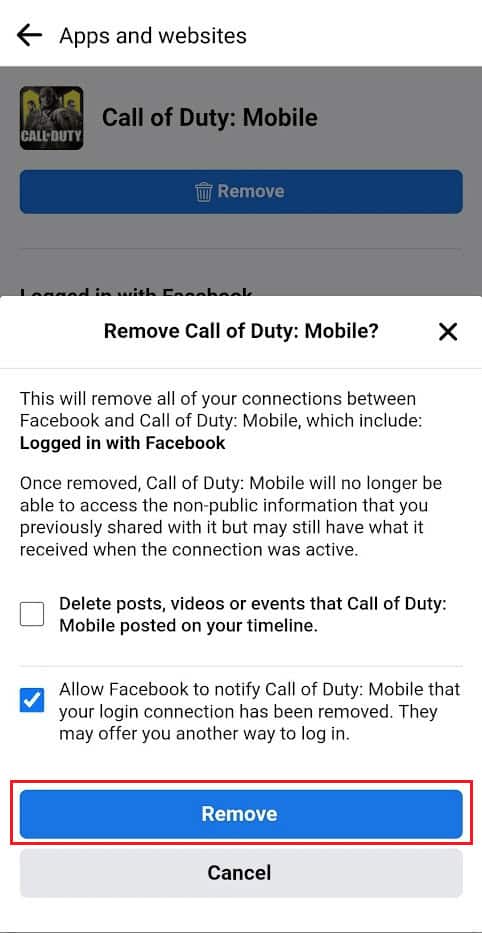 tap on Remove from the confirmation popup | How to Unlink Facebook from Call of Duty Mobile