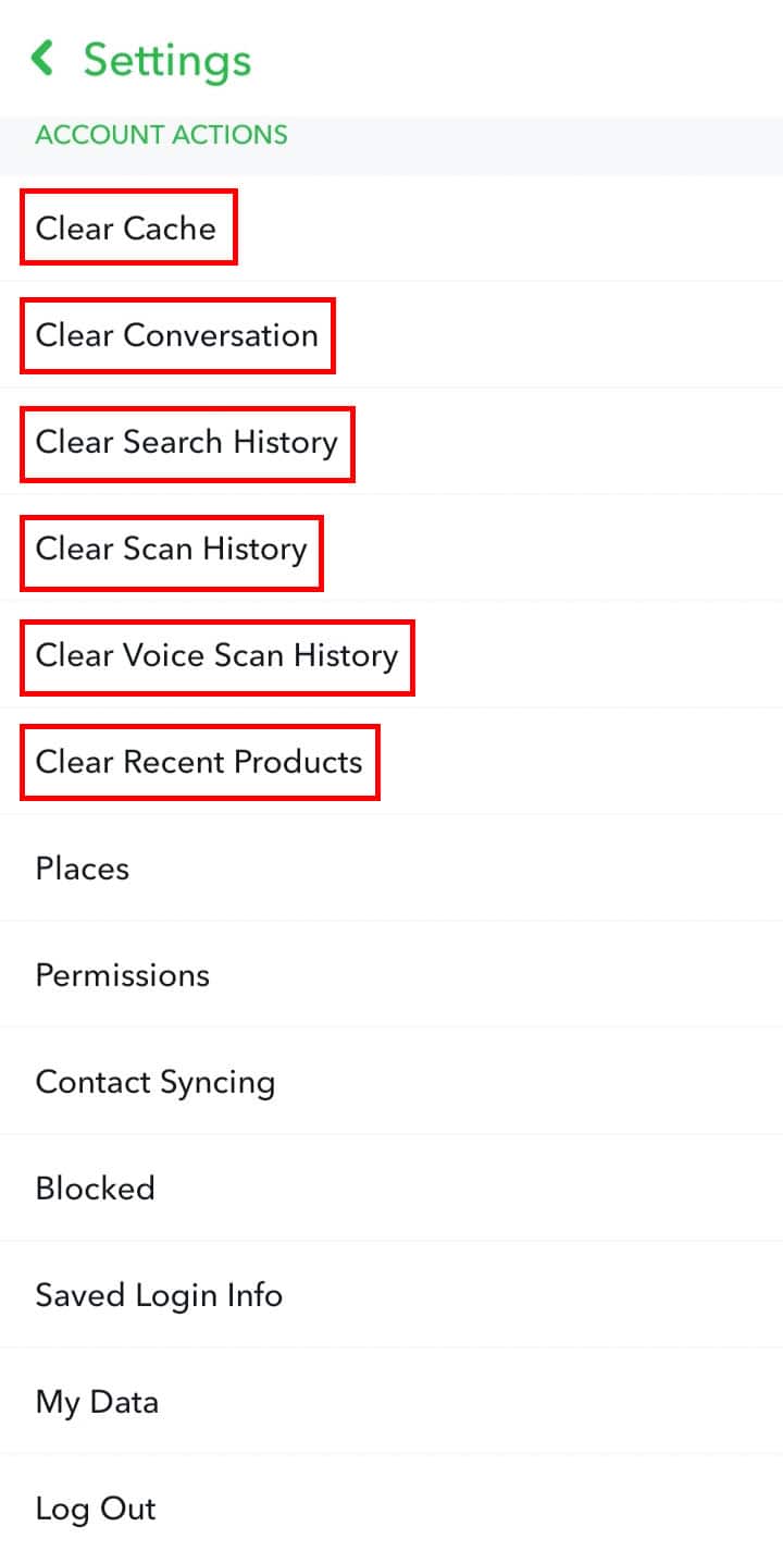 Tap on any of the options starting with Clear and follow the on-screen instructions to delete certain Snapchat data.