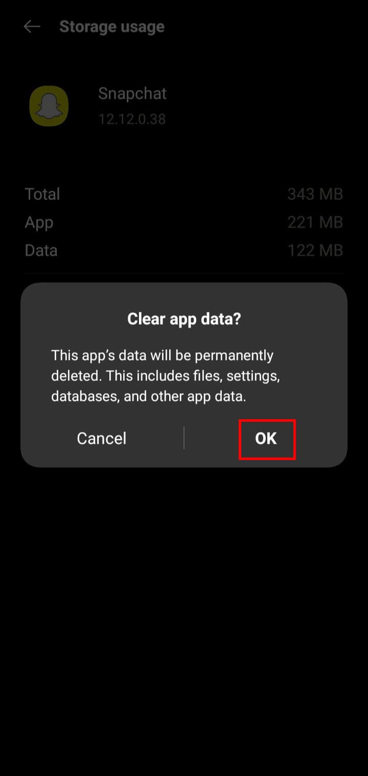 Tap on OK to clear the Snapchat app data on your android device.