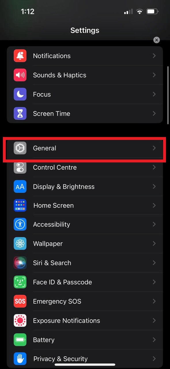 Tap on the General option. | cannot verify server identity error