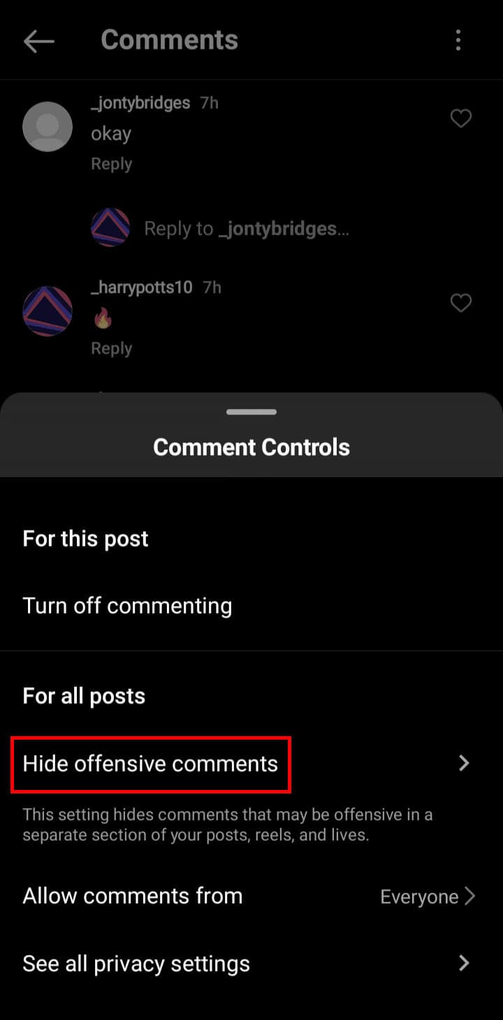 Tap on the Hide offensive comments option from the menu that appeared at the bottom.