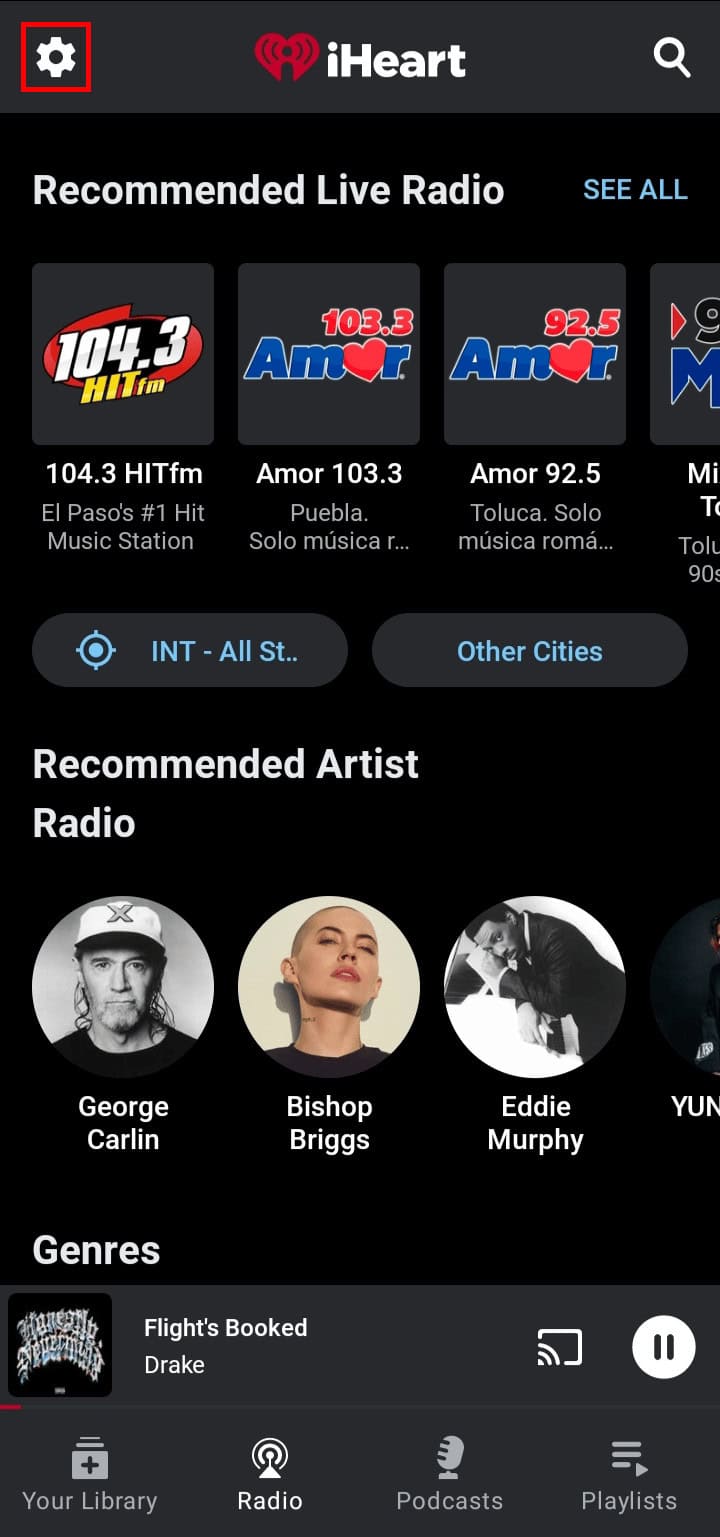 Tap on the settings or the gear icon at the top left corner of the screen. | iHeartRadio family plan