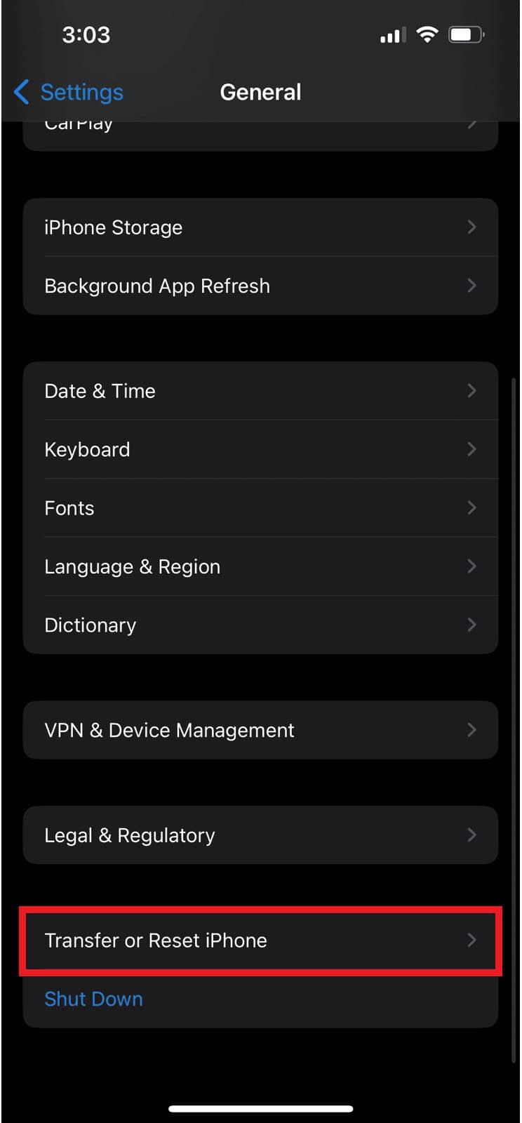 Tap on Transfer or Reset iPhone option. |