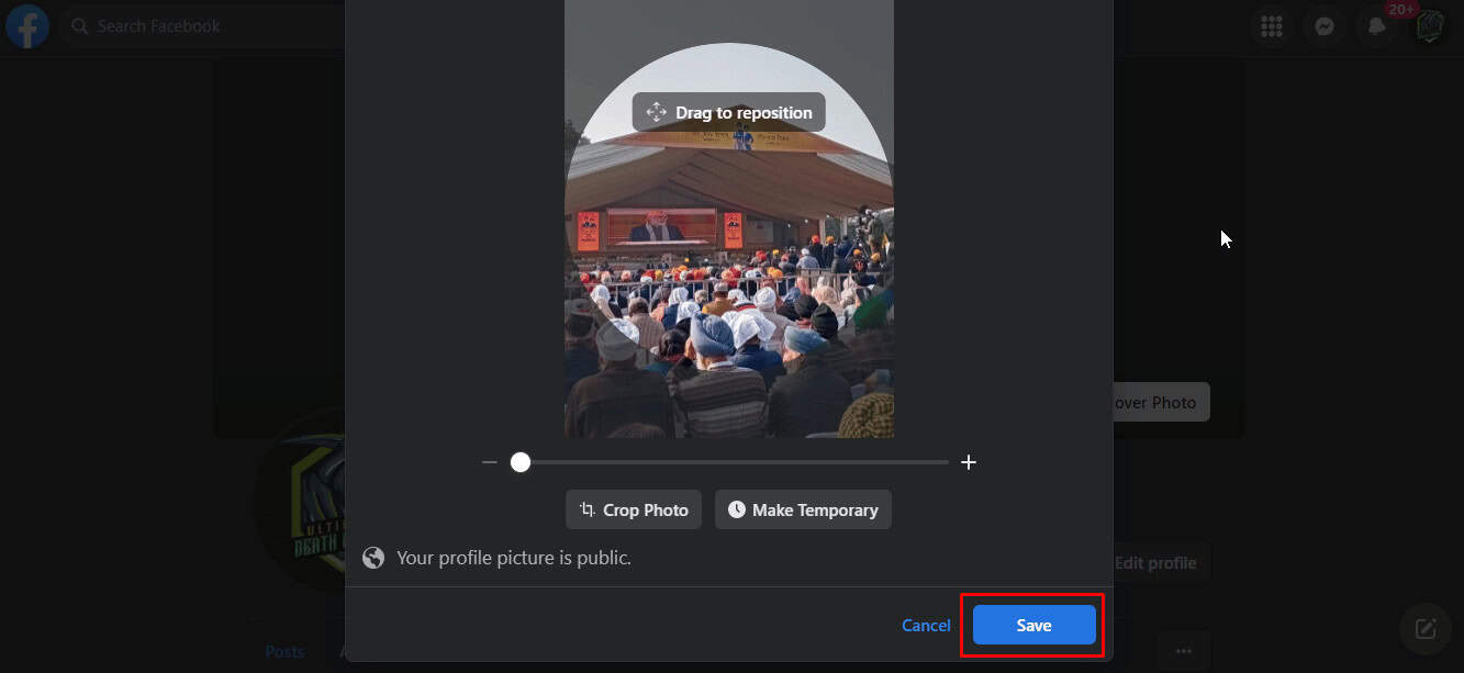To finally upload the selected picture as your Facebook Profile Picture, click on the Save option.