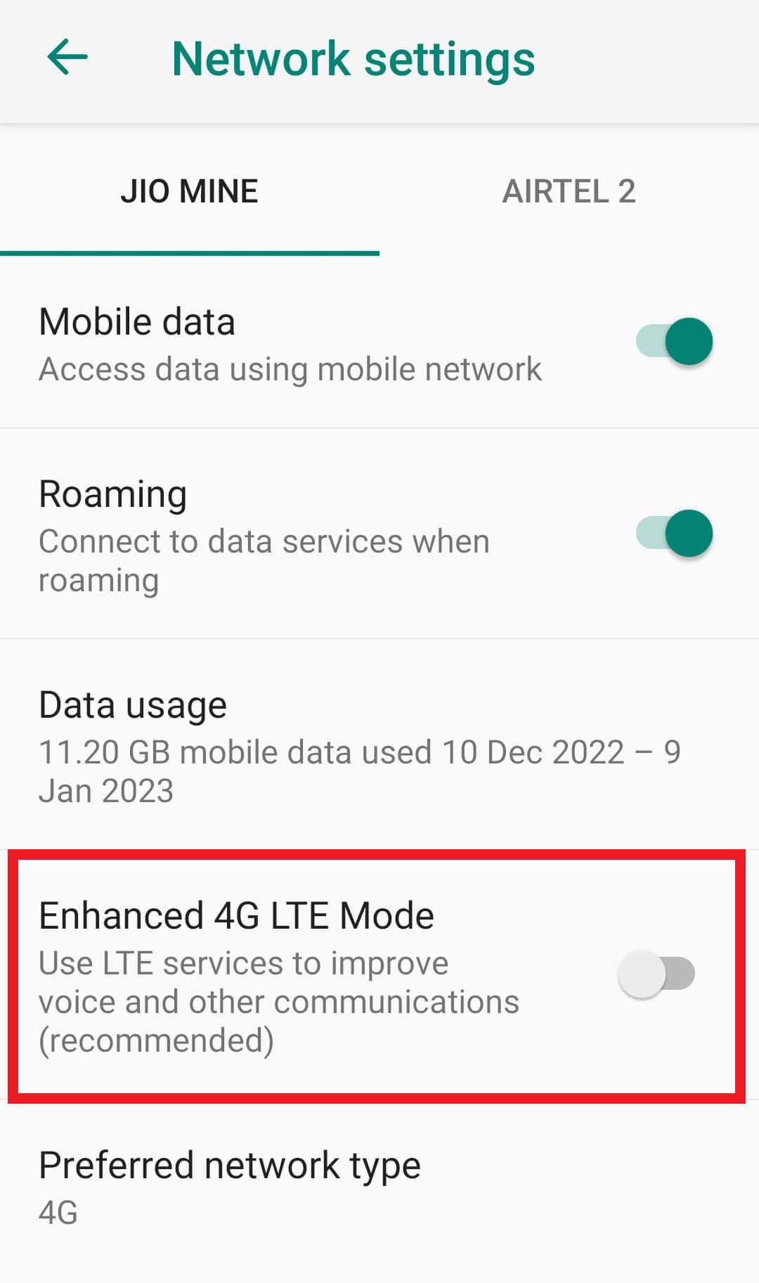 toggle off enhanced 4g lte mode