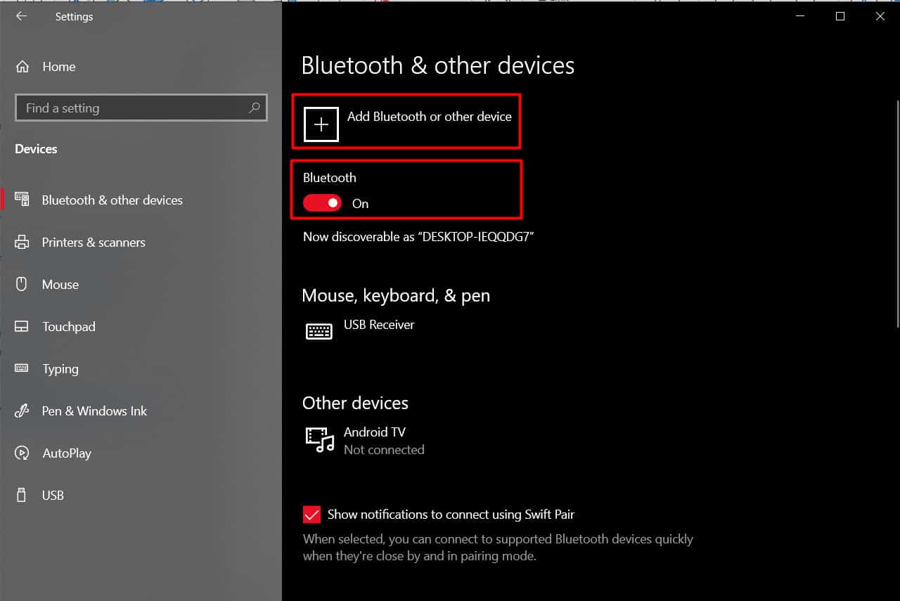 Toggle on Bluetooth and then click on Add Bluetooth or other device | How to Fix Magic Mouse Not Connecting on Windows 10