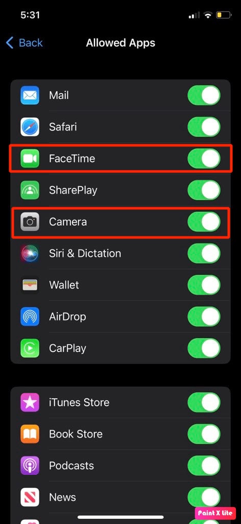 toggle on facetime and camera slider