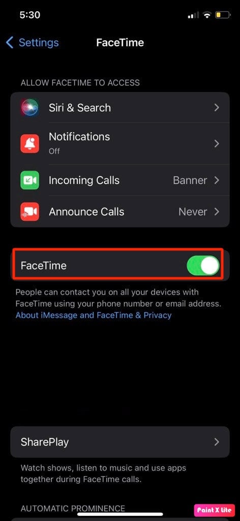 toggle on facetime option