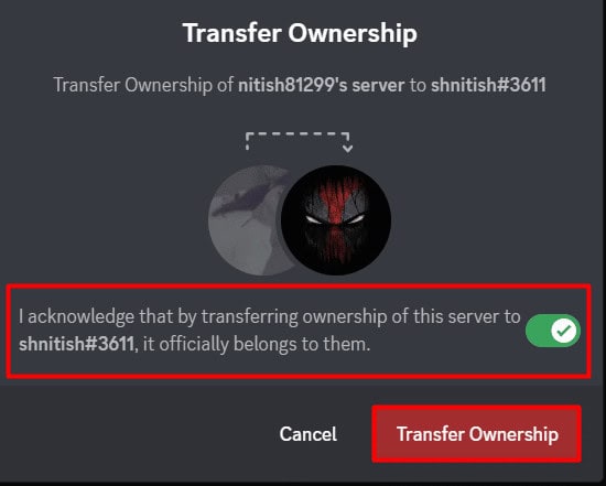 Toggle On the message on your screen and click on Transfer Ownership on discord