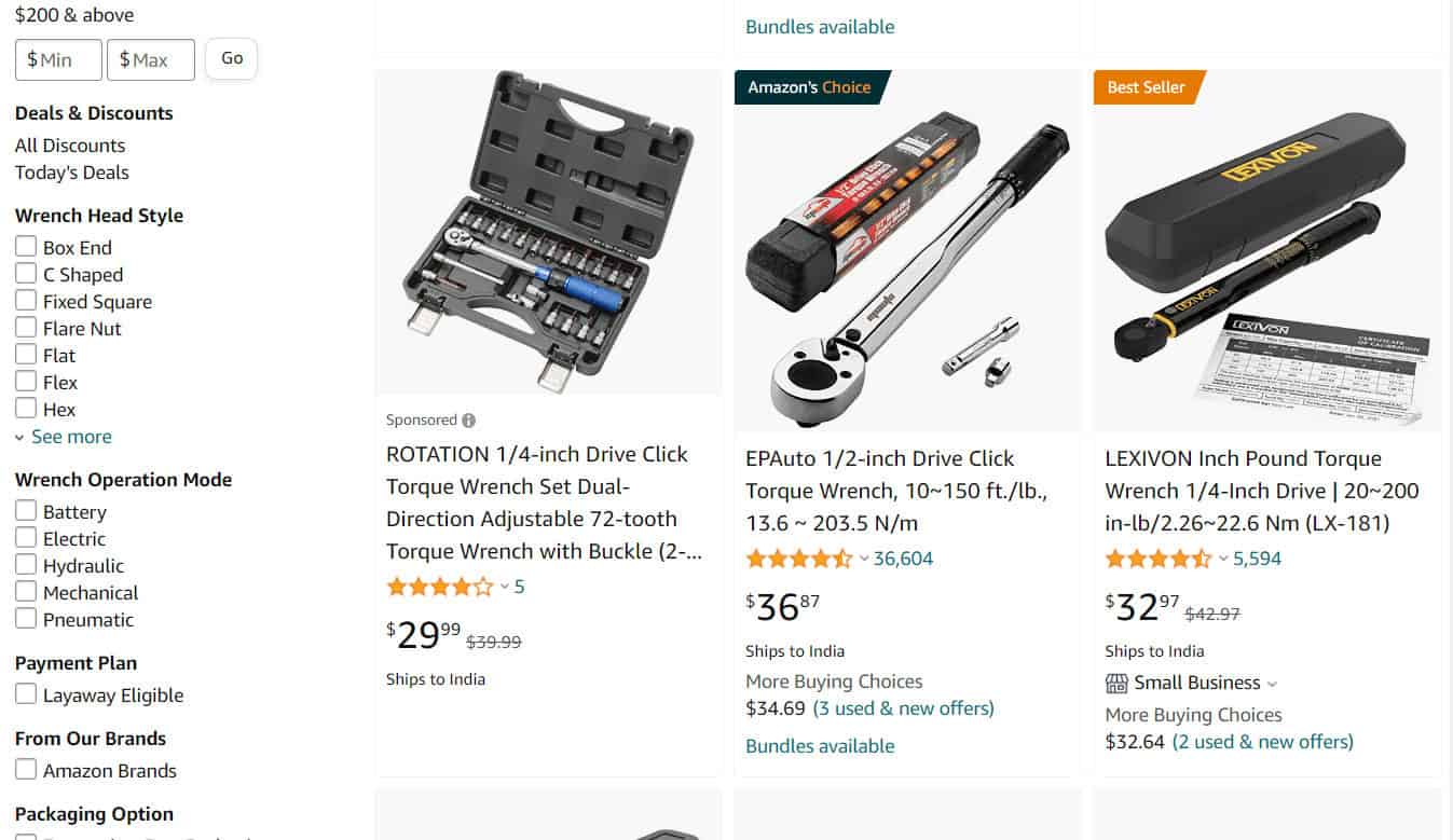 torque wrenches on Amazon website