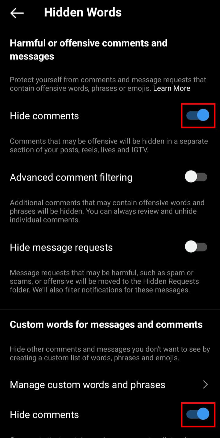 Turn off the toggle switch beside the Hide comments option to unhide the hidden comments. | app to see deleted comments on Instagram