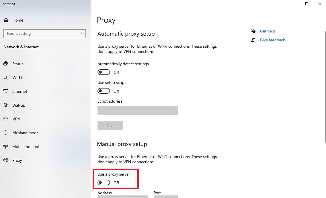 Turn off the Use a proxy server toggle