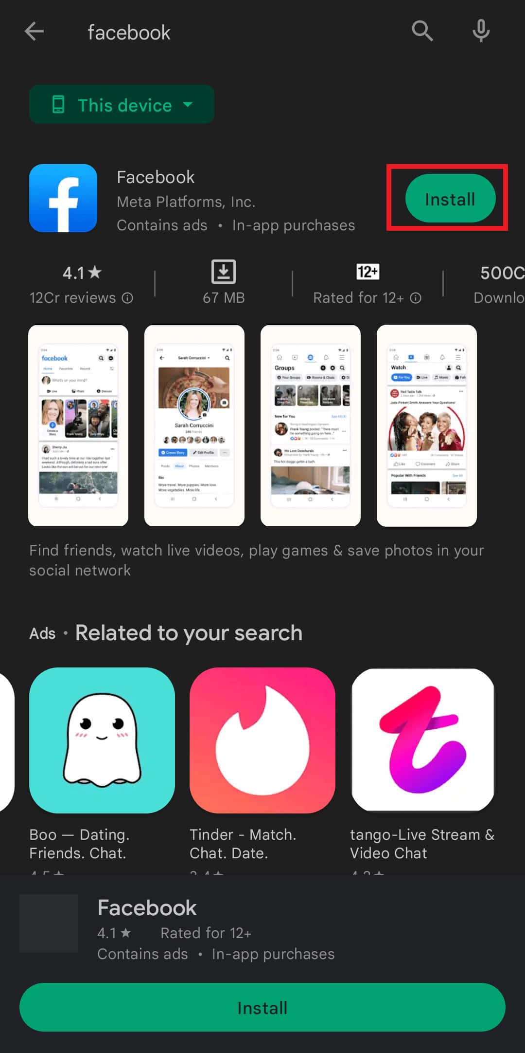 type facebook in the search bar and tap on install