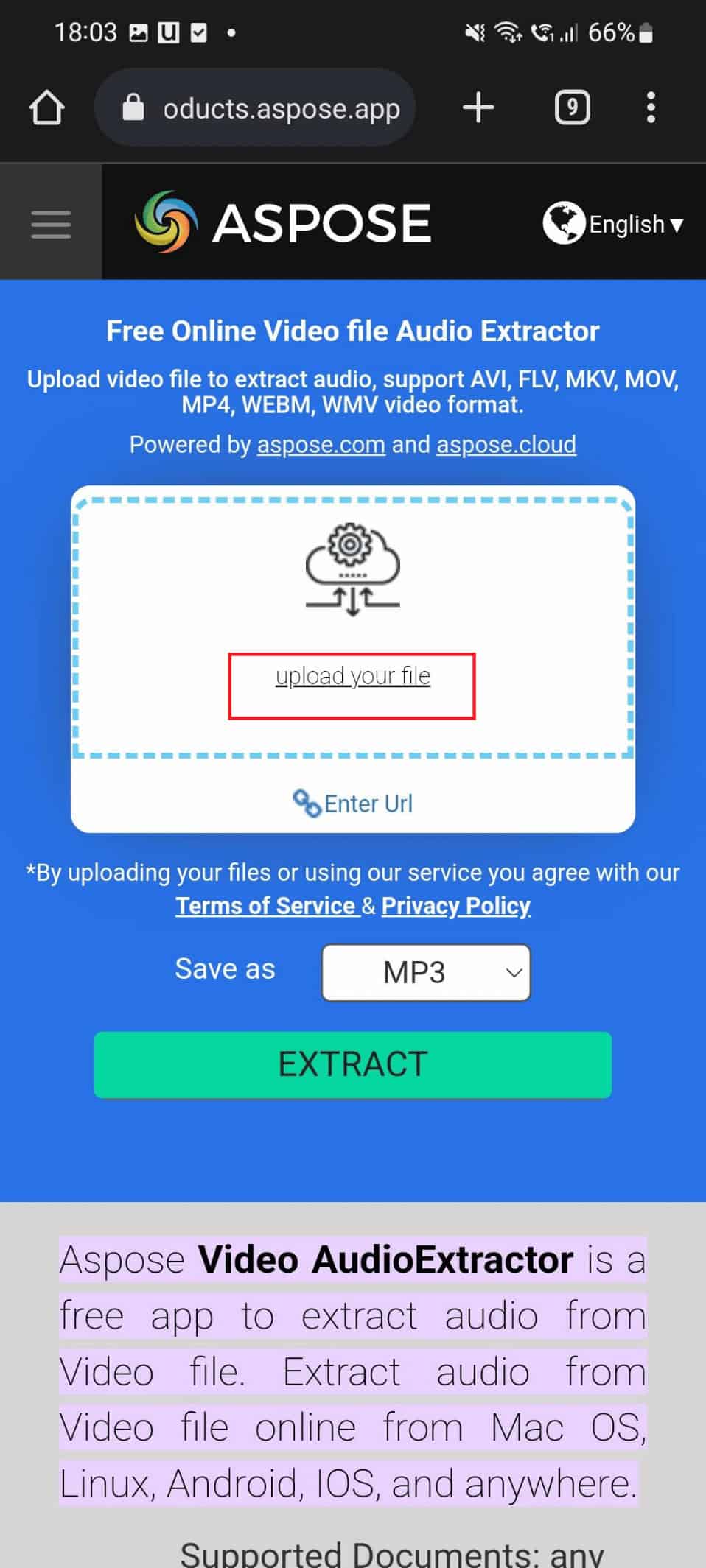 upload your file on aspose