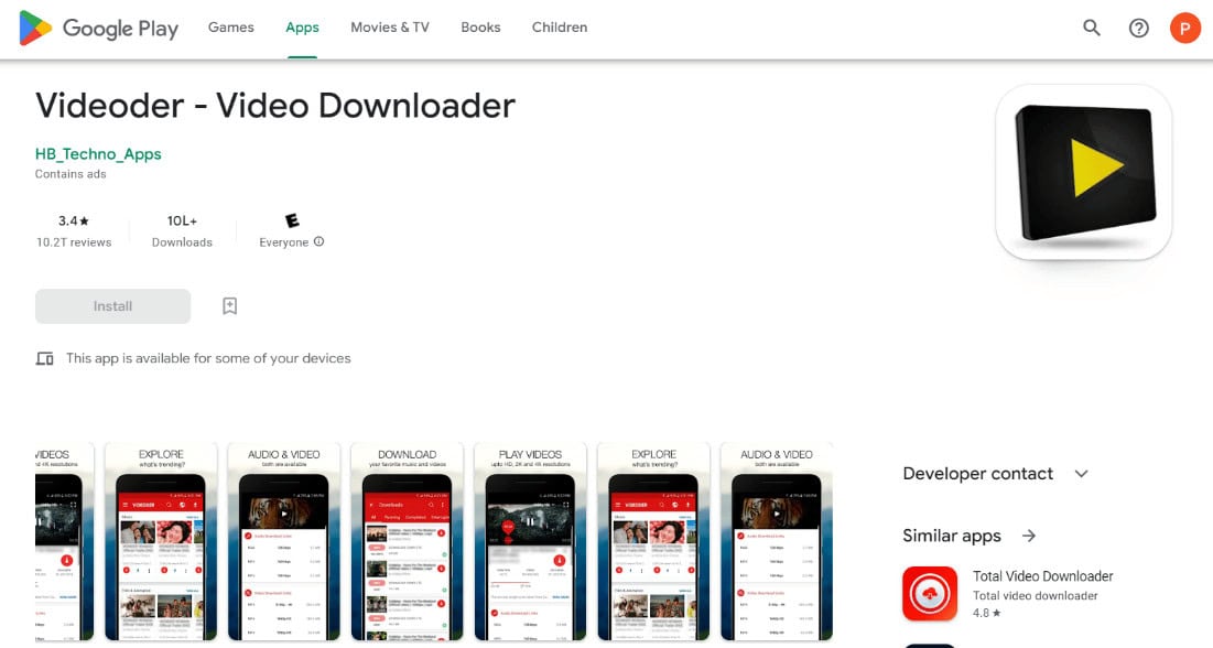 Videoder - Video Downloader webpage 