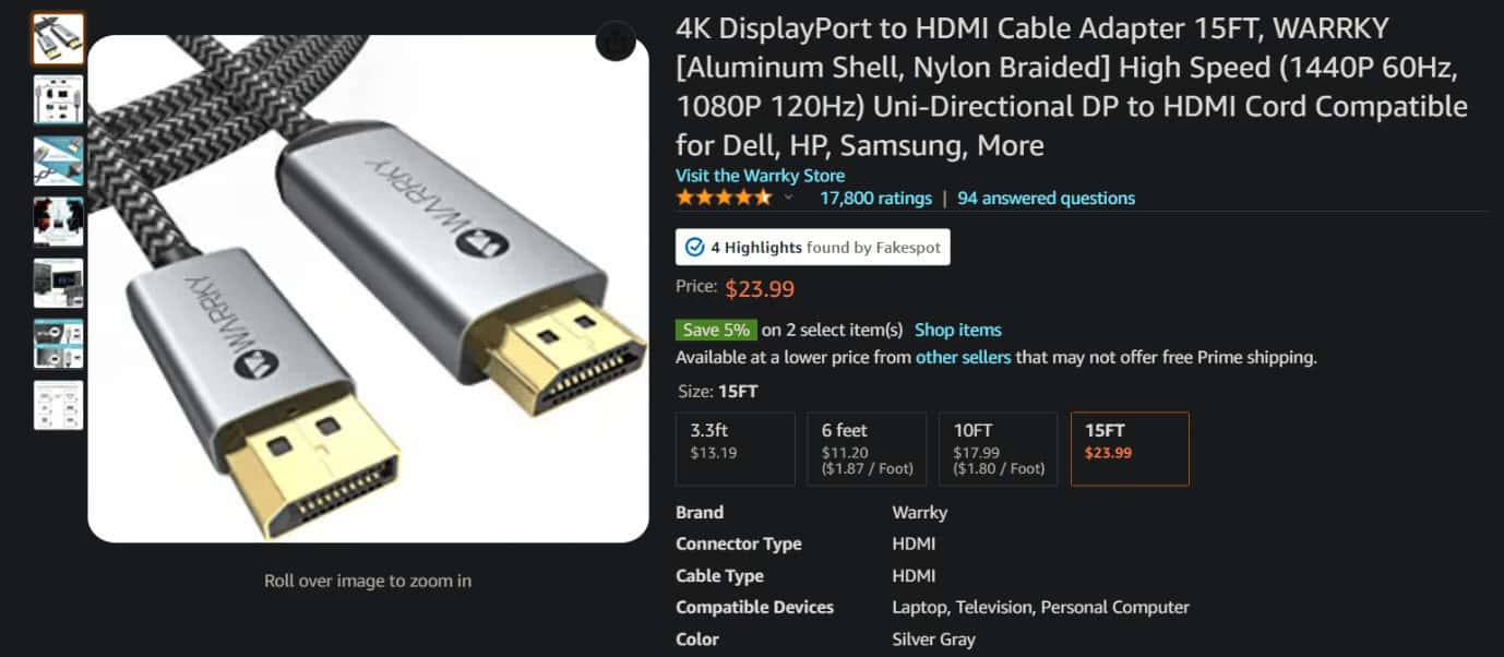 Warrky DisplayPort to HDMI cable on Amazon