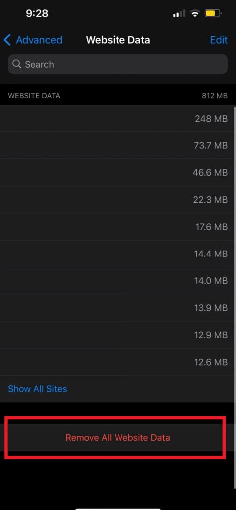 Choose the option to Remove All Website Data