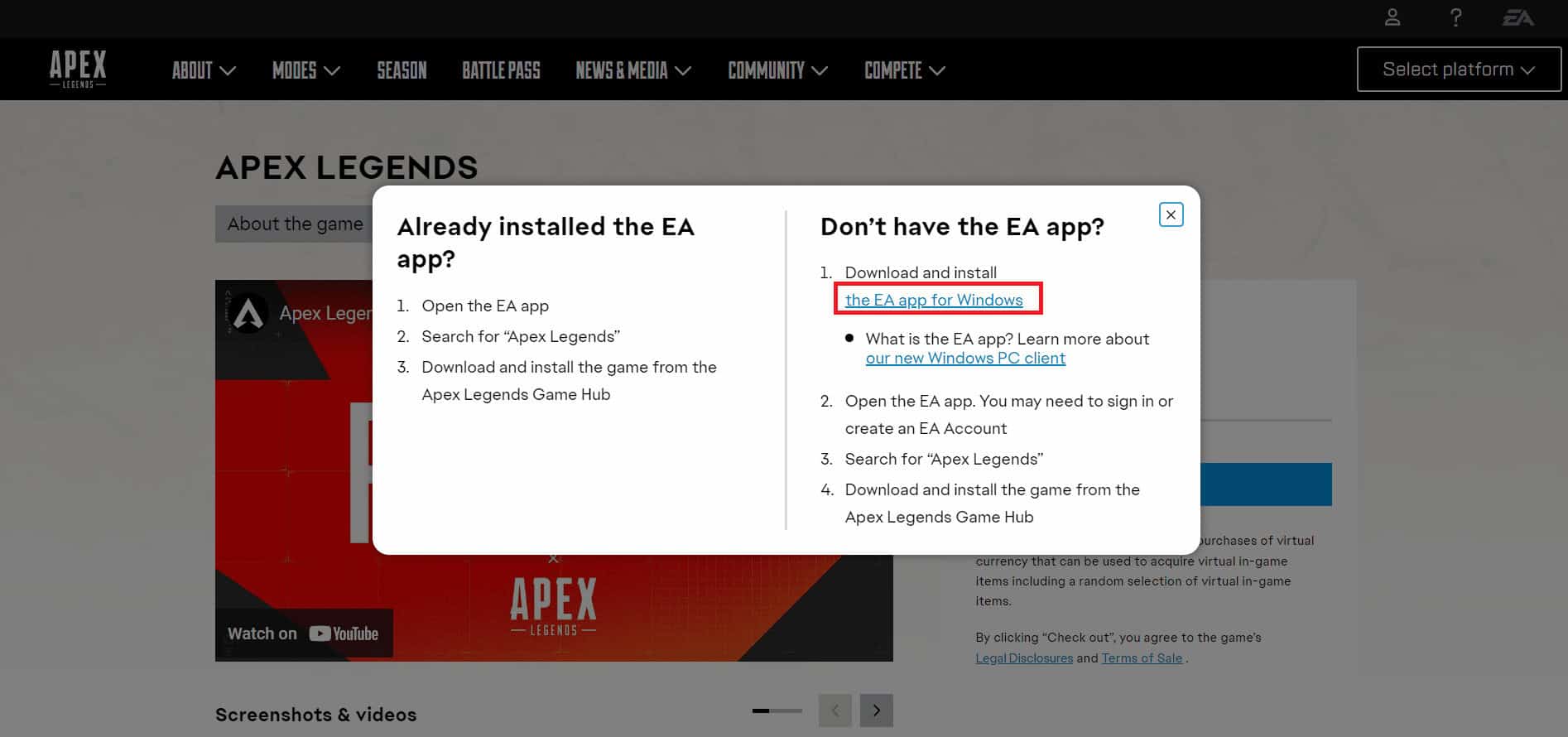 Click on the EA app for Windows link