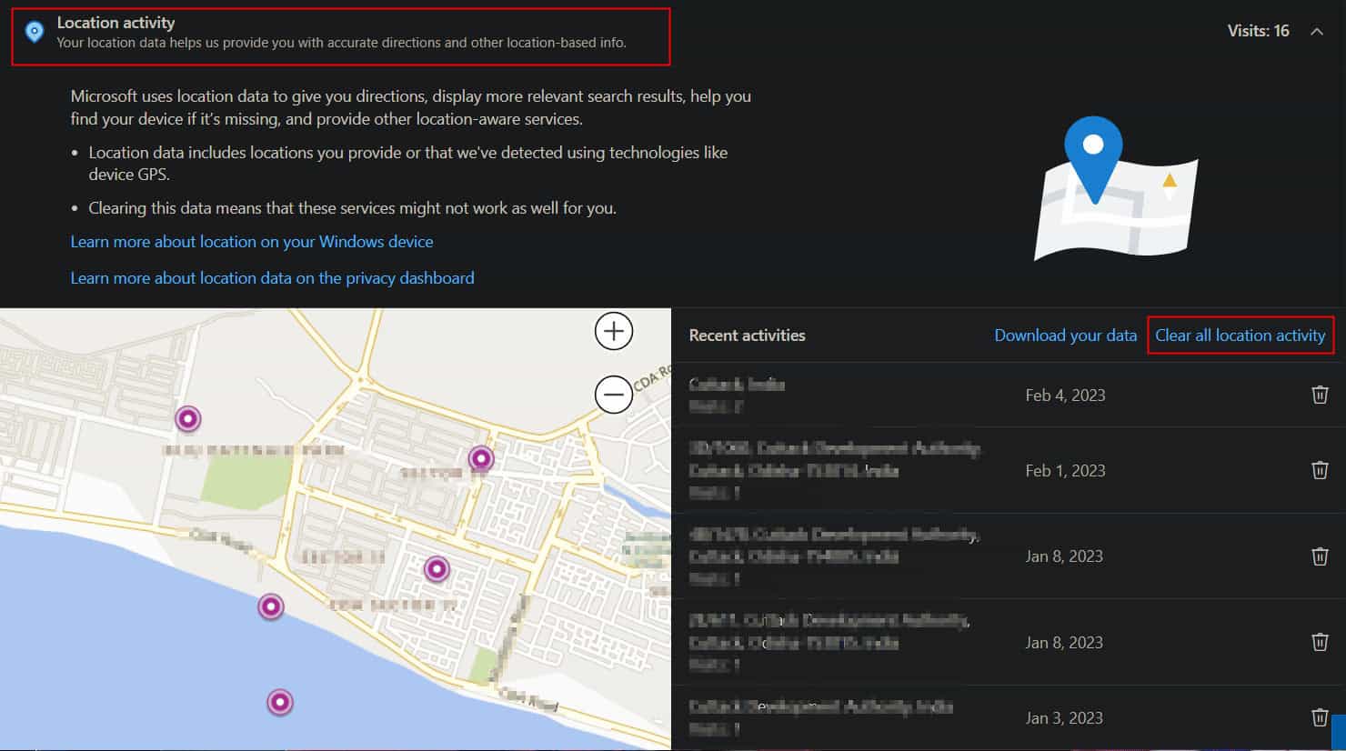Click on Clear all location activity