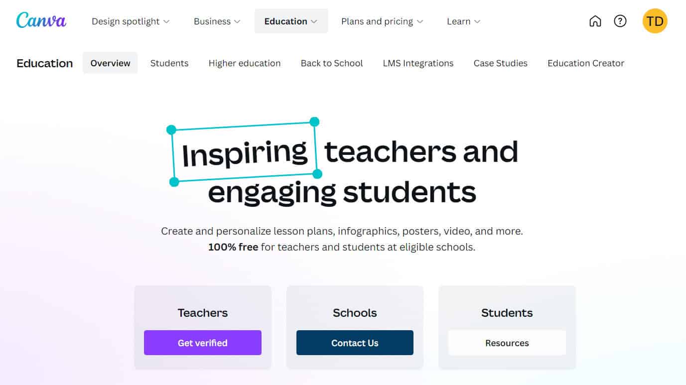 Canva for Education page