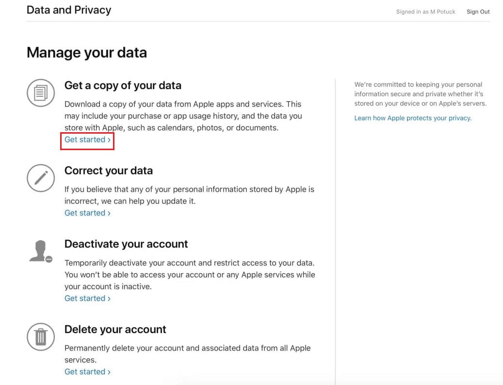 Click on Get Started from the Get a copy of your data section | How to Back Up WhatsApp Photos to Google Photos