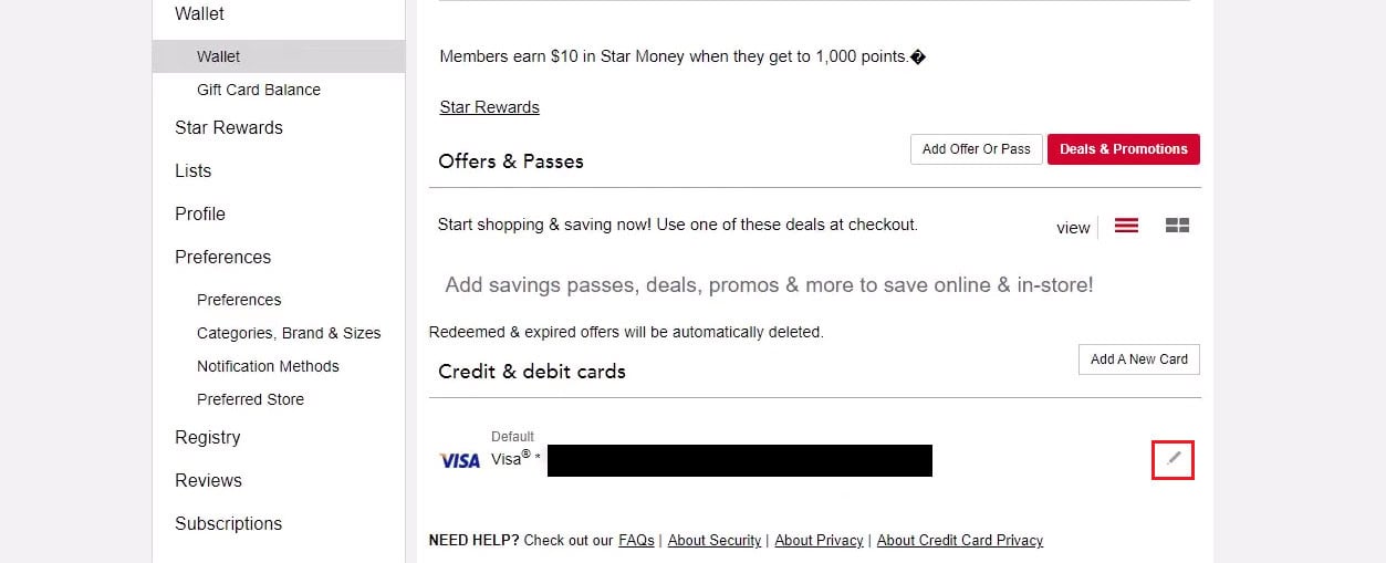 Click on the edit icon next to the desired credit card from the Credit & debit cards section | How to Delete Macy's Account