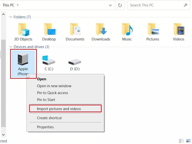 File Explorer - This PC - right click on iOS device - Import pictures and videos 