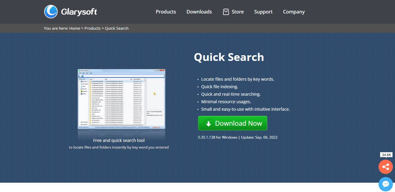 Glarysoft Quick Search website. Best search software for Windows 10